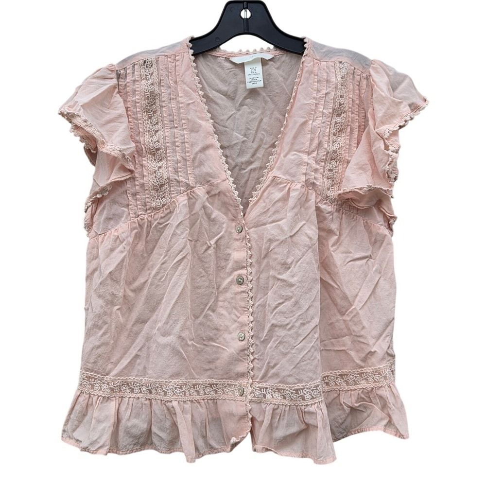 HM Romantic Boho Pink Lace Pintuck Cottagecore Blouse Poet Flutter Ballet Medium